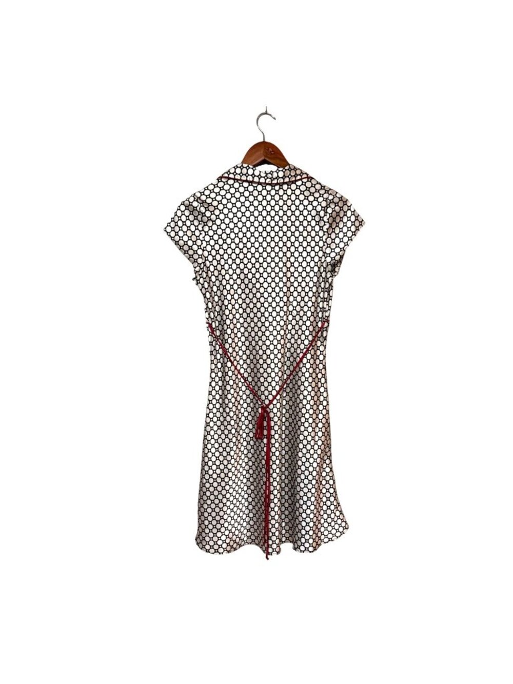 Vtg Polka Dot Cap Sleeve Satin Dress With Red Trim - Medium slinky Retro - Picture 2 of 6